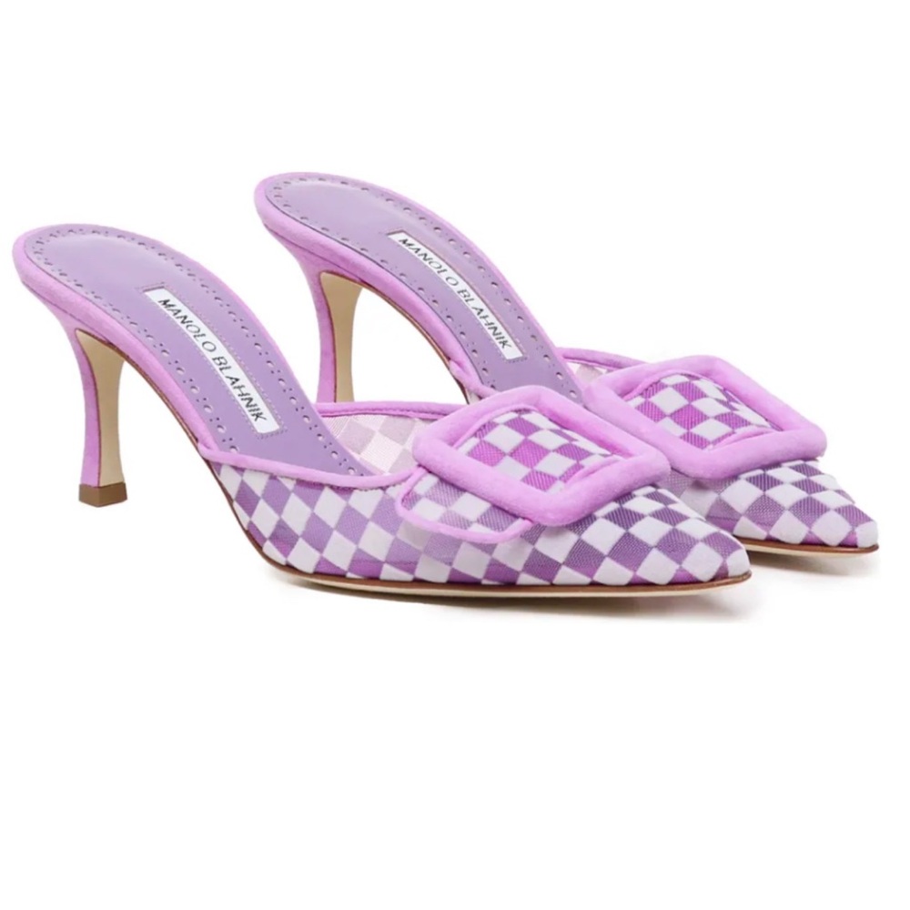 Manolo Blahnik Maysalebi Purple Check Kitten Heel Mule Pumps 37.5=7.5